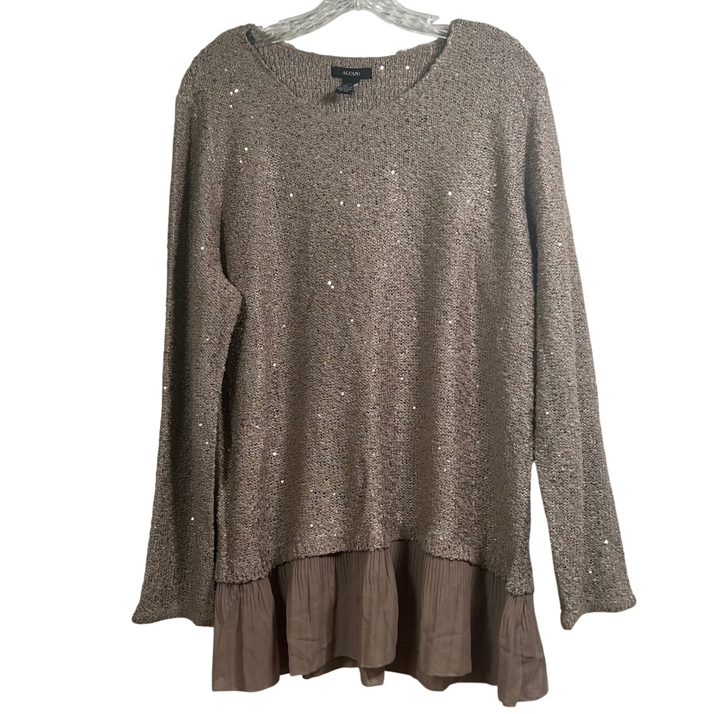 Alfani Womens XL Taupe Metallic Sequin Ruffle Hem Tunic Sweater Long Sleeve